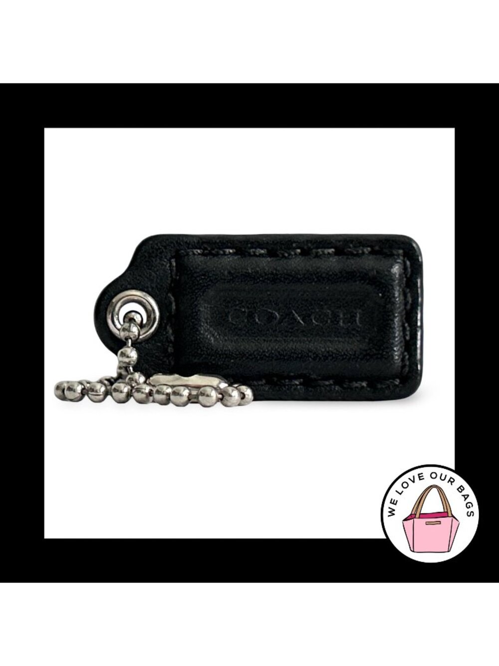 COACH HANG TAG 1.5" Black Smooth Leather Bag Charm Keychain Fob Nickel Small